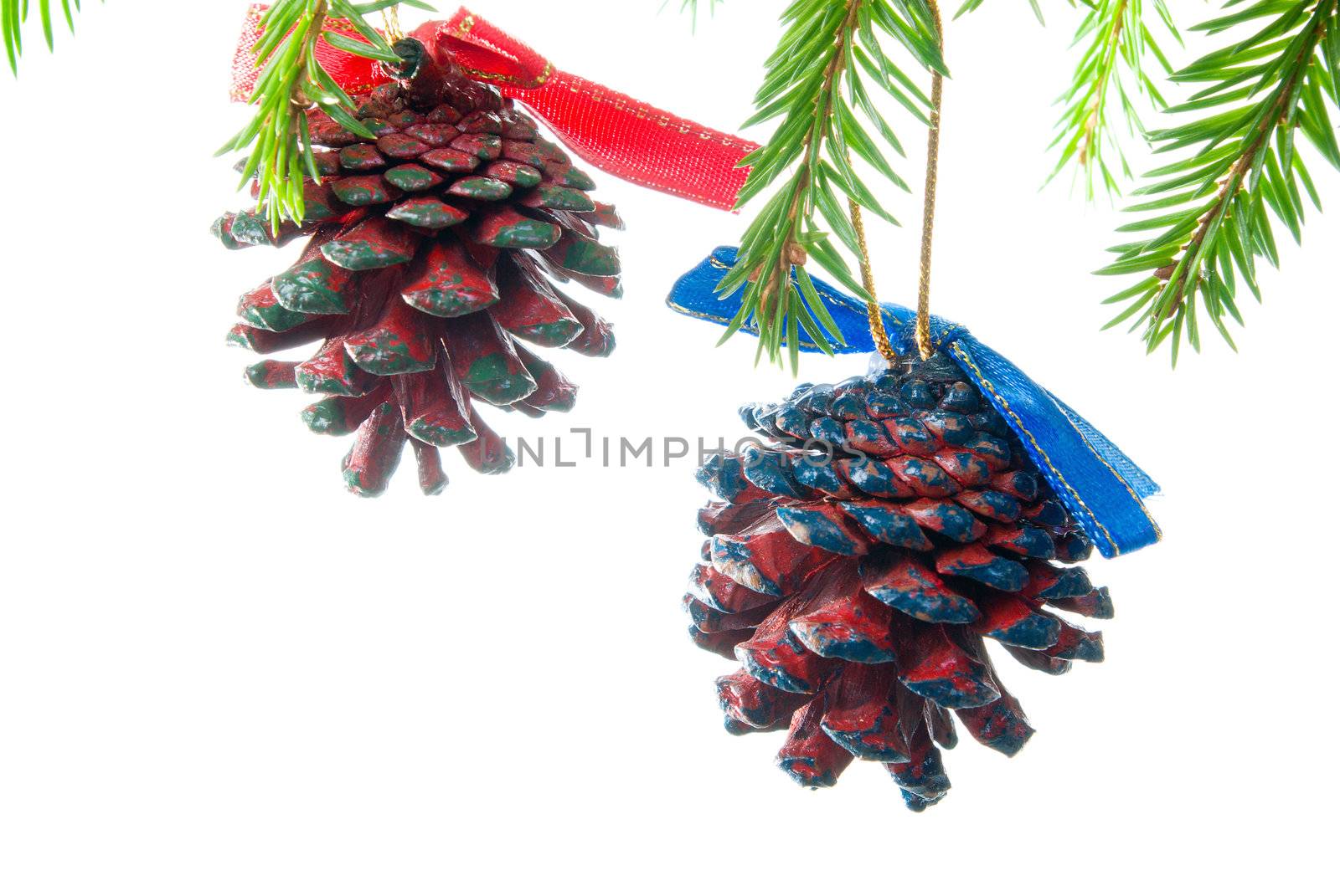 Christmas decoration on the tree isolated on white
