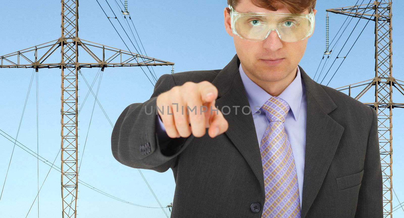 Safety engineer in electrical networks strictly pointed his finger