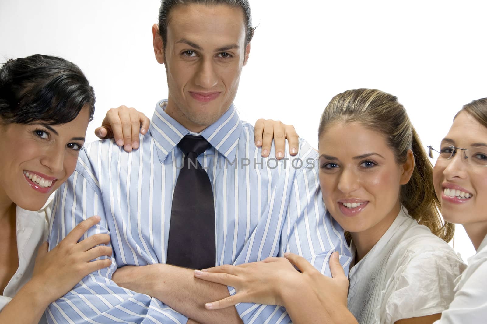 pretty women holding to man against white background