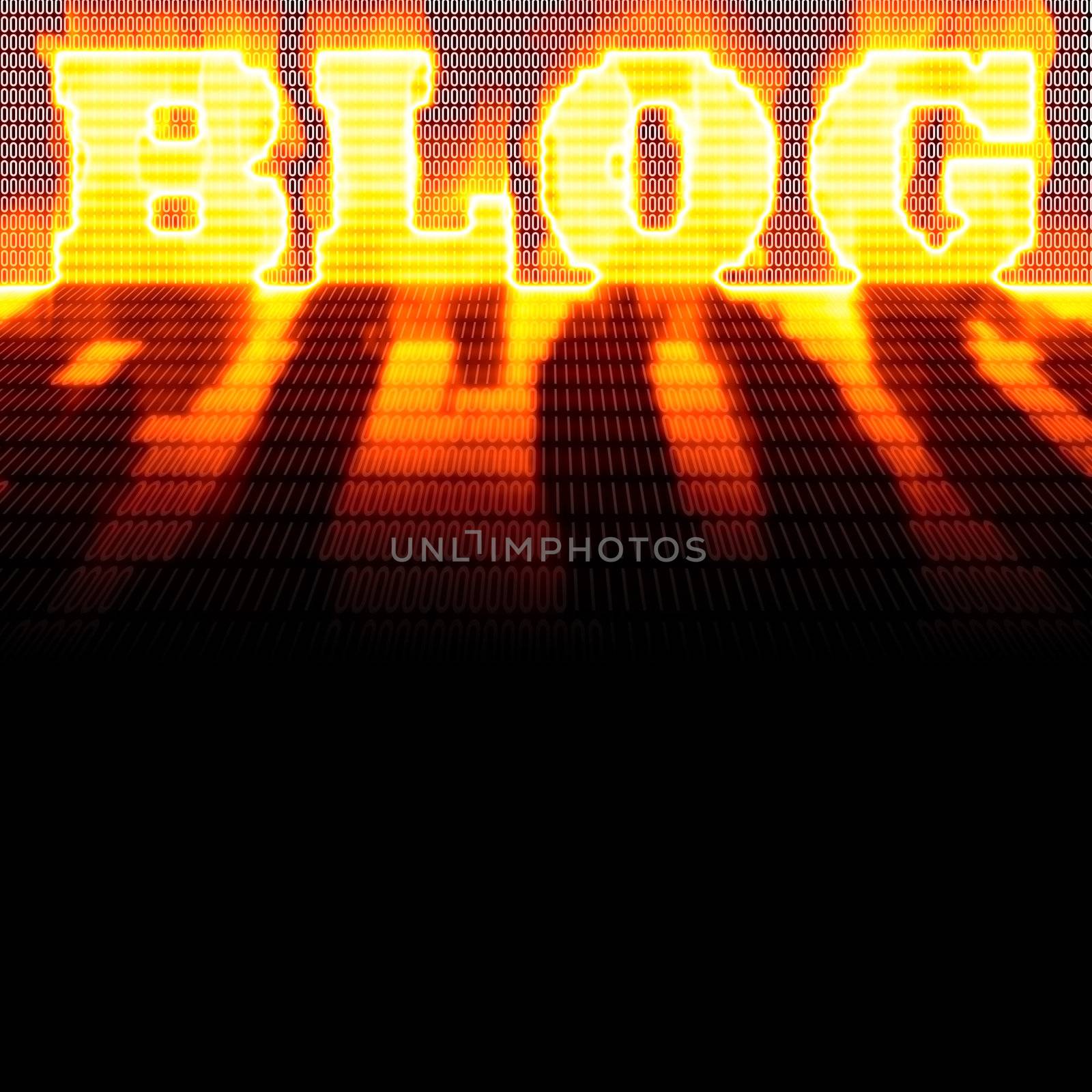 The word BLOG formed out of binary code and burning in flames while isolated over a black background.