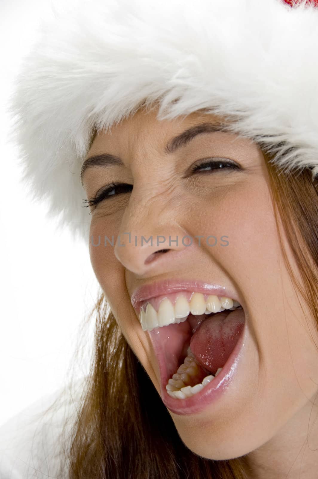 happy female model laughing on an isolated white background