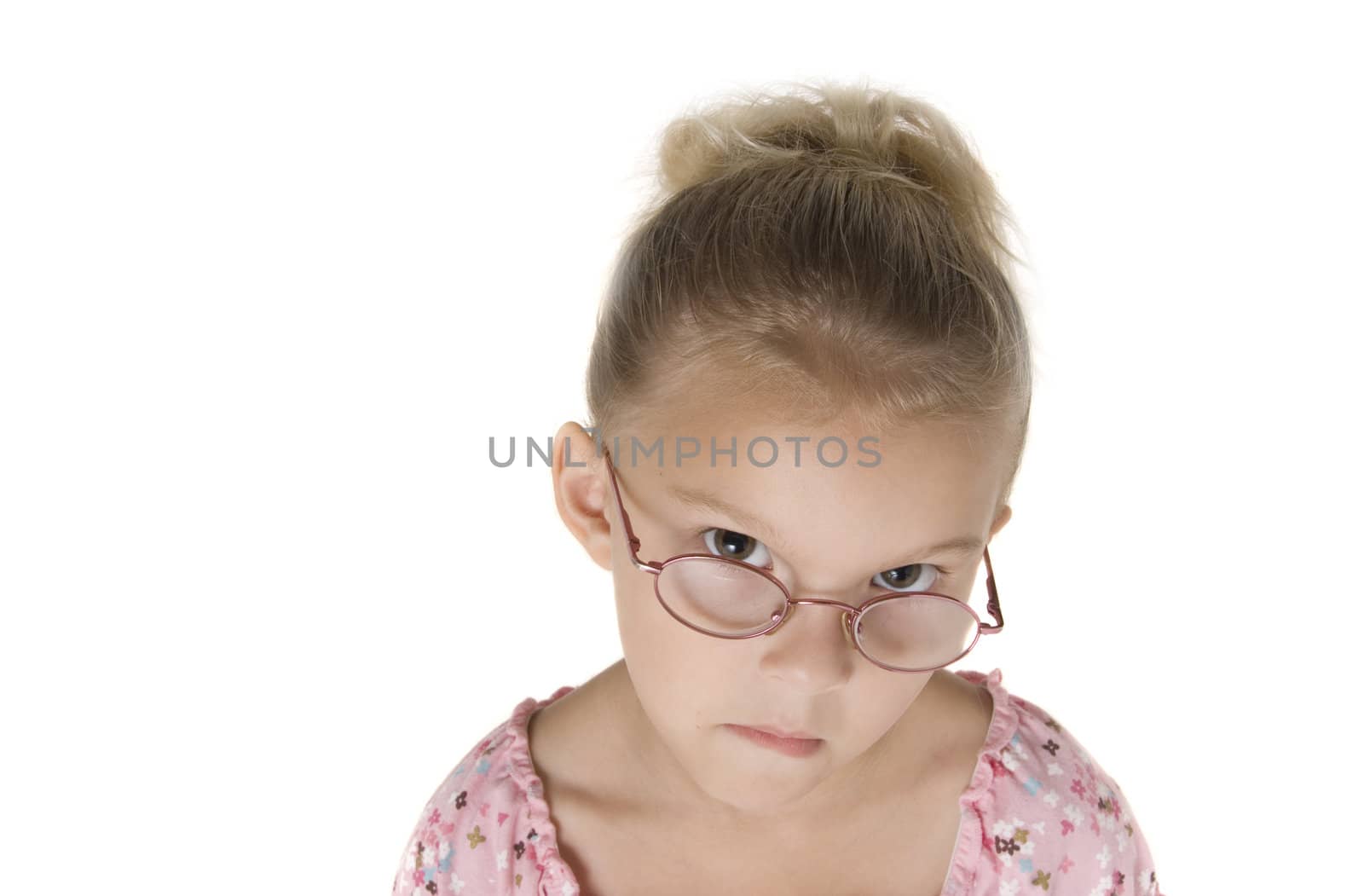 Young blonde girl mad because mom hasn't bought your product yet.  Isolated on White.