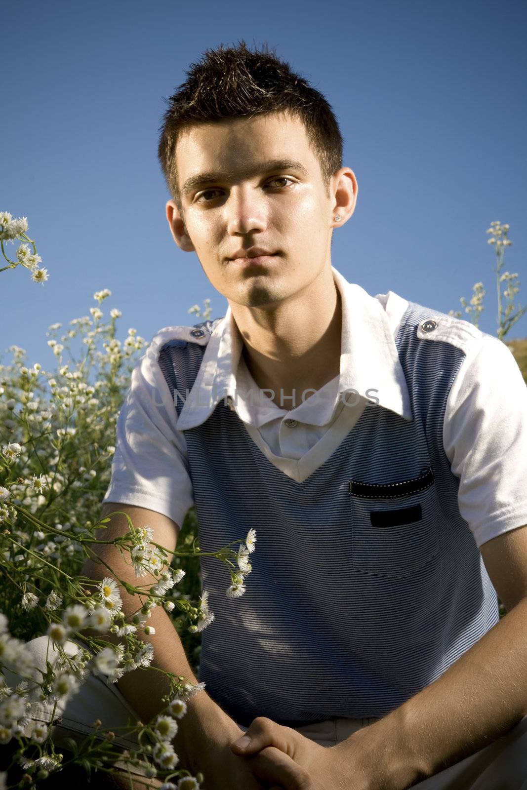 Boy among a field of daisies, with a clear blue sky as background and a peaceful atmosphere.