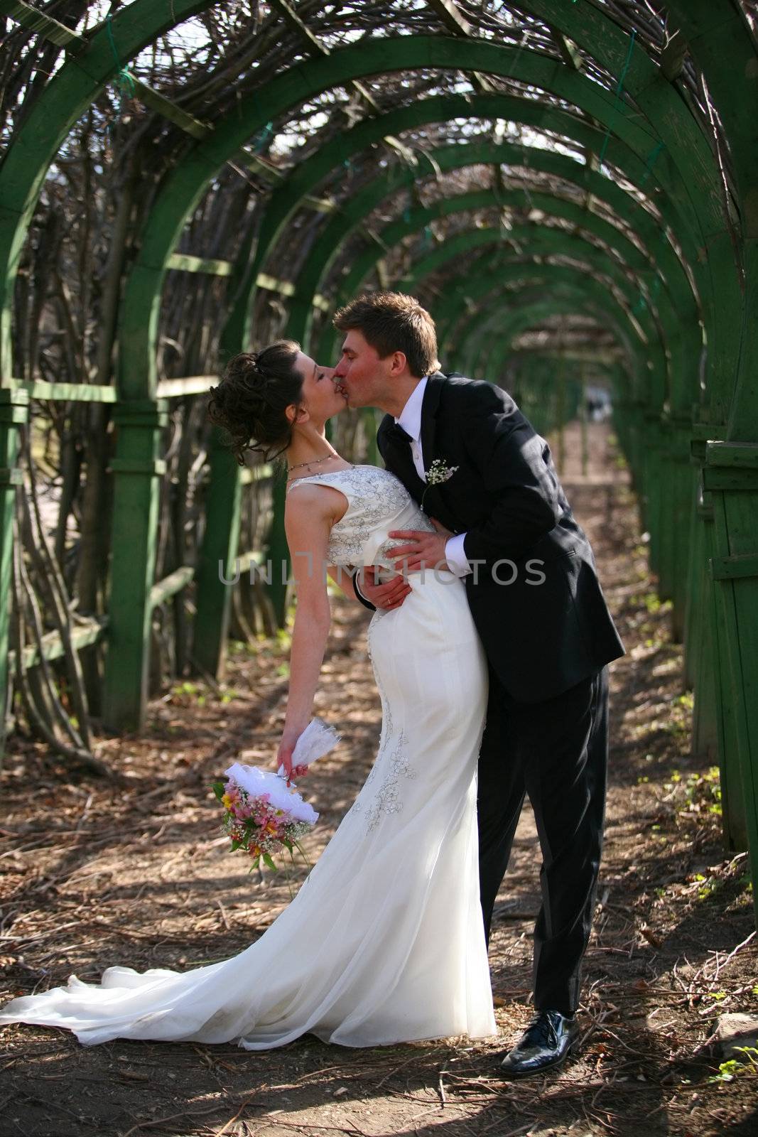 The groom and the bride walk in park.