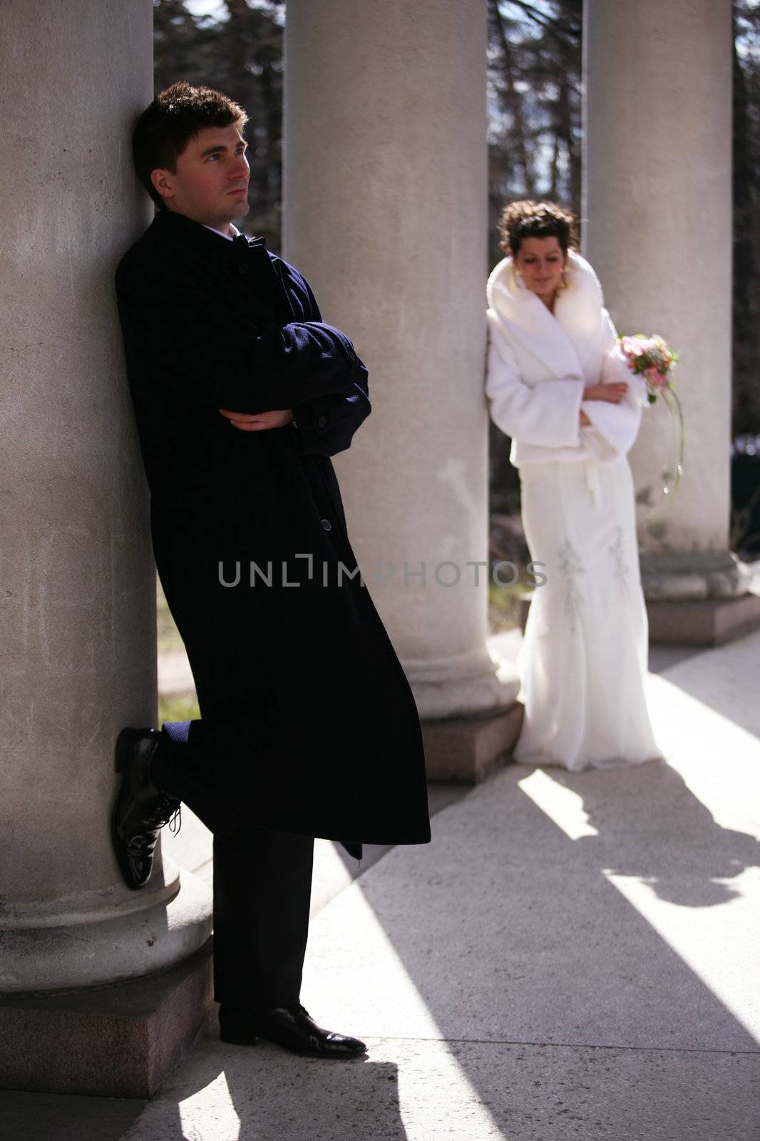 Recently married pair on a background of a stone