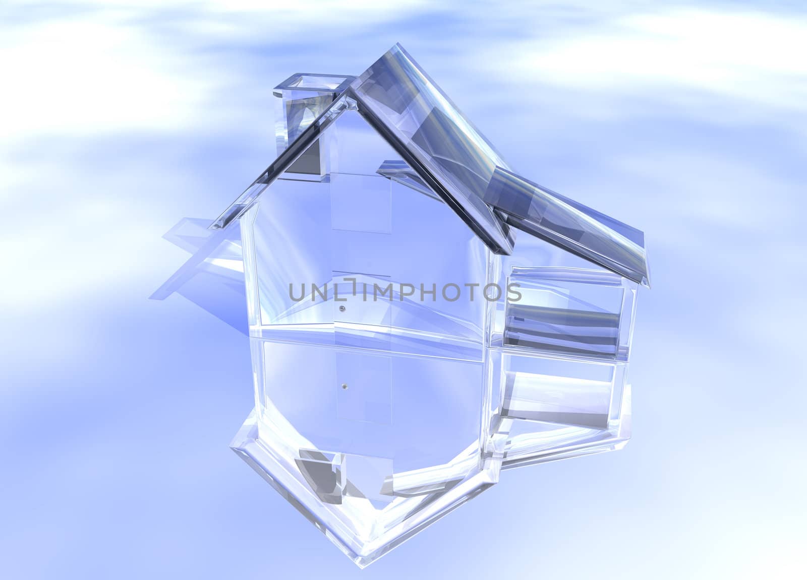 Luxury Clear Glass Diamond House Model on Blue-Sky Background with Reflection Concept Luxurious and Expensive Expense