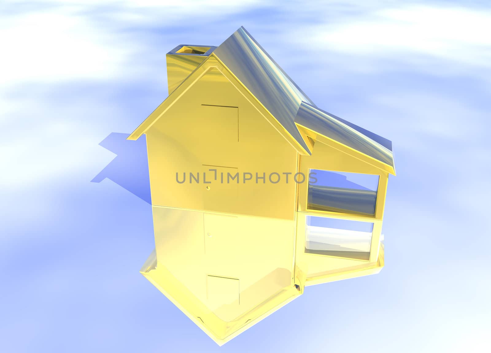 Gold House Model on Blue-Sky Background with Reflection Concept First Place Success and Achievement