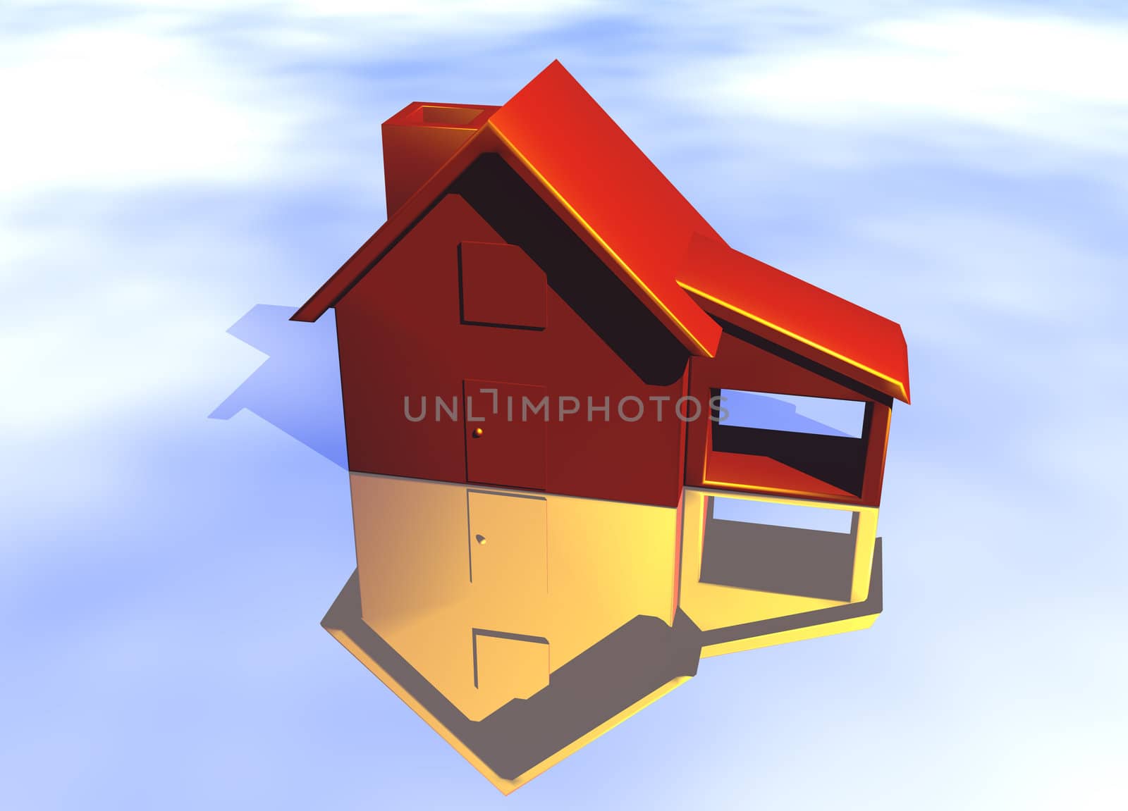 Red House Model on Blue-Sky Background with Reflection Concept Risk or Danger