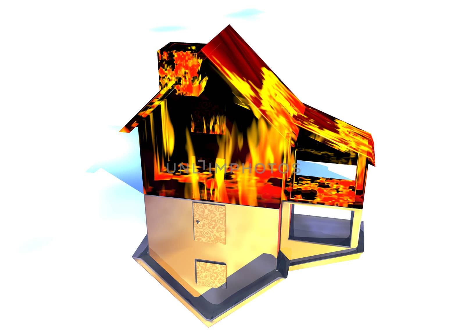 Red Home on Fire House Model with Reflection Concept For Risk or Property Insurance Protection on White Background