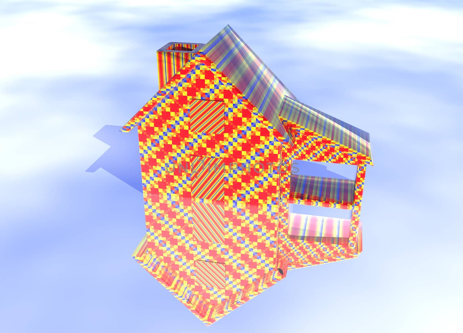 Abstract Christmas Gift Wrapped House Model on Blue-Sky Background with Reflection