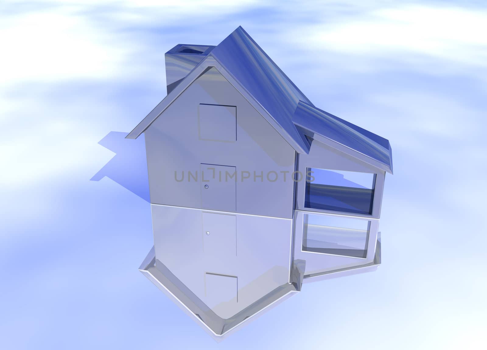 Blue Stainless Steel House Model on Blue-Sky Background with Reflection Concept Cool Clean Modern
