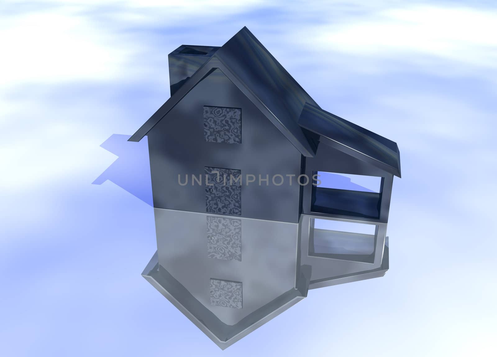 Abstract Oily Black House Model on Blue-Sky Background with Reflection Concept Fuel Expenses or Rising Prices and Bad Environment