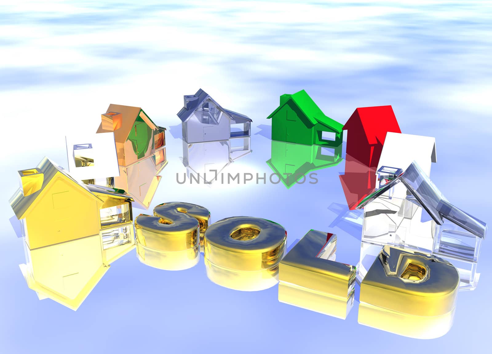 Sold Gold Text with Ring of Various Types of Houses in Different Styles Abstract Neighbourhood