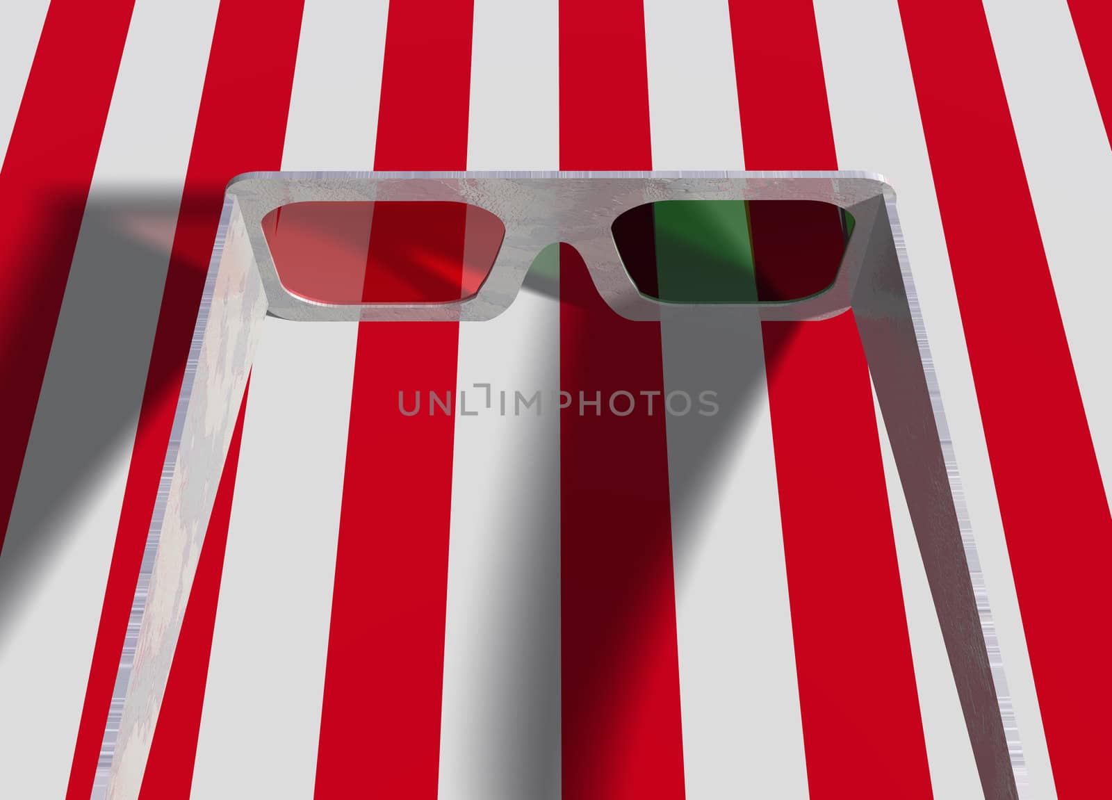 Pair of Plastic 3d Glasses on Red White Striped Surface by bobbigmac