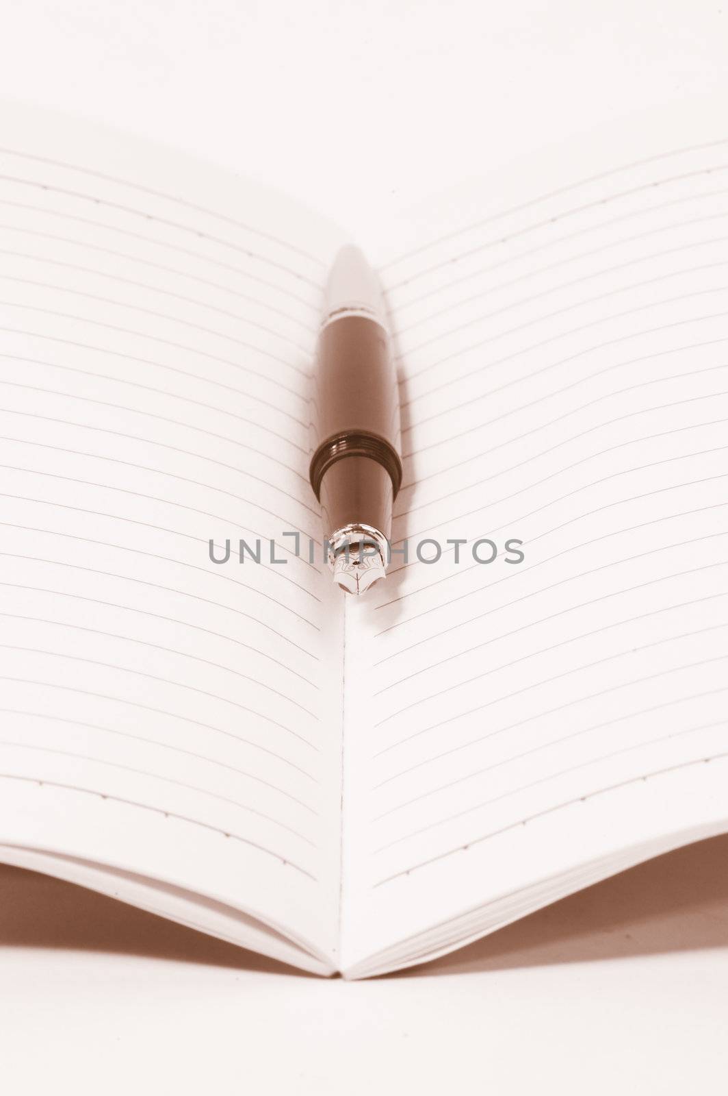 classic black fountain pen on open notebook,sepia filter