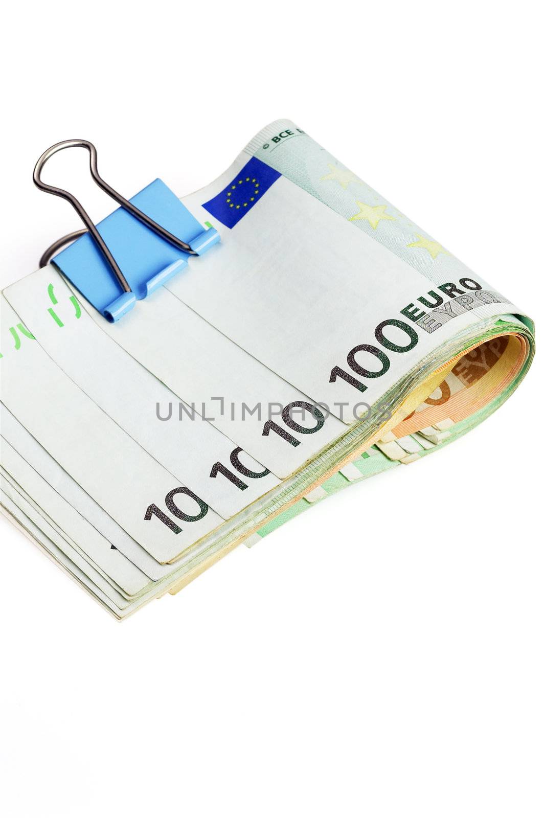 euro bills on a clip isolated on white background