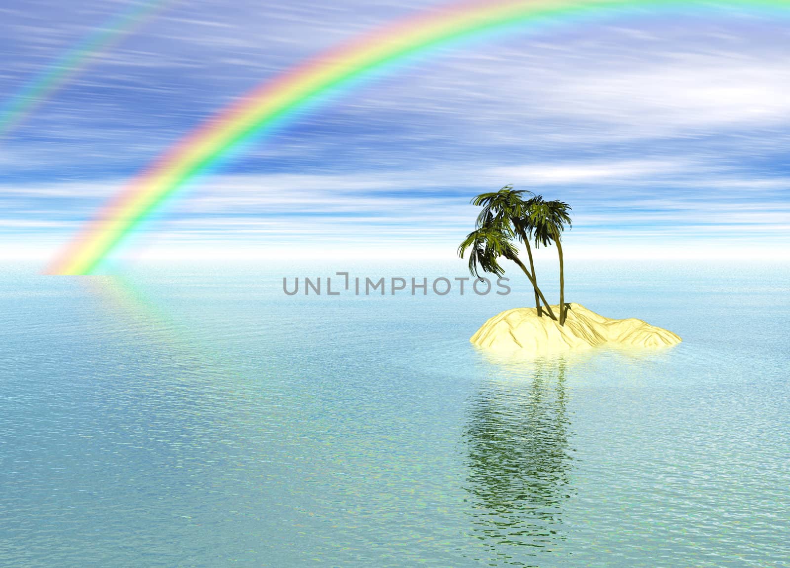 Romantic Desert Island with Palm Tree and Rainbow against the Horizon
