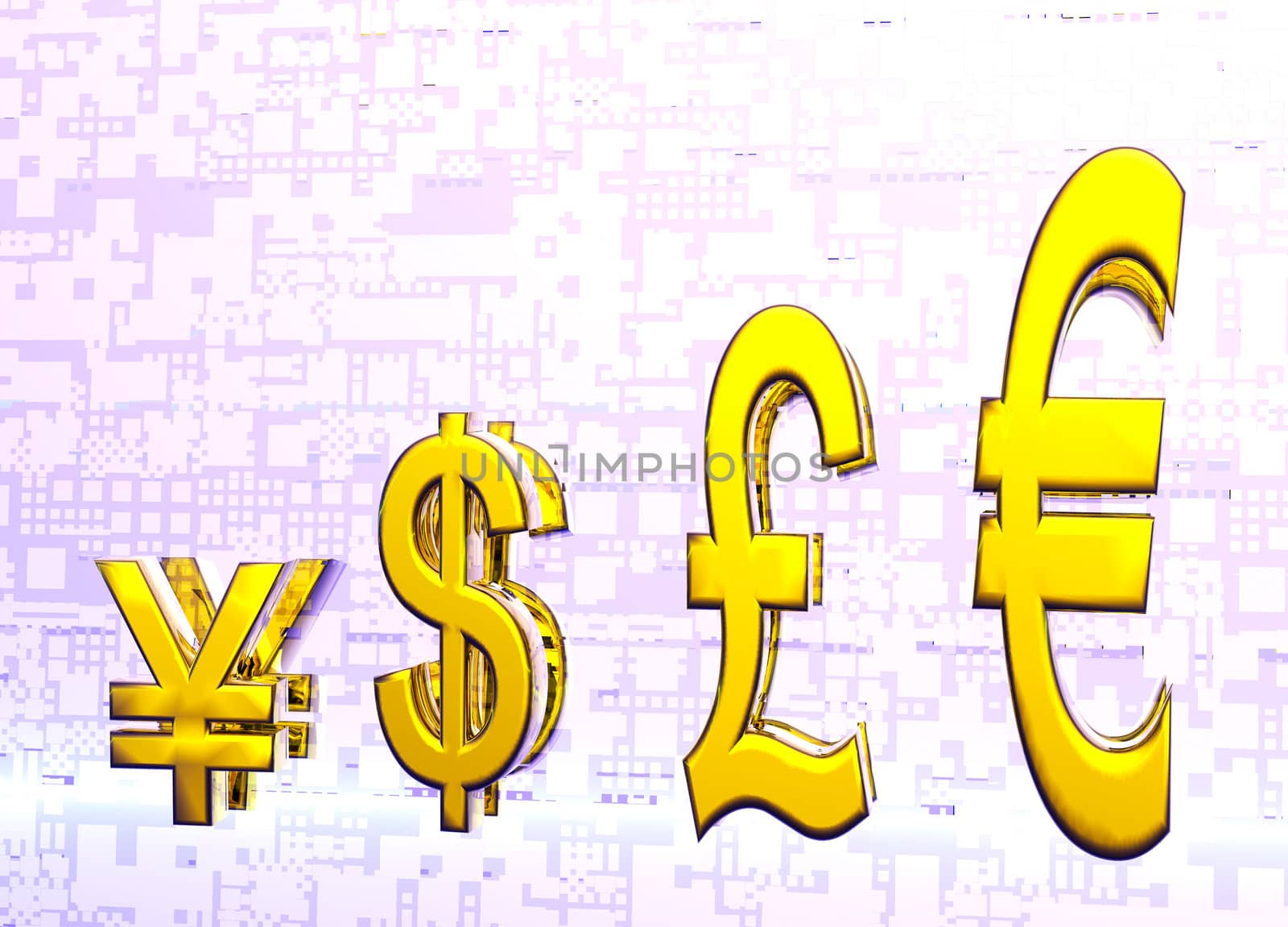 Euro Pound Dollar and Yen Symbols in Gold with Reflection in Graph or Chart Format