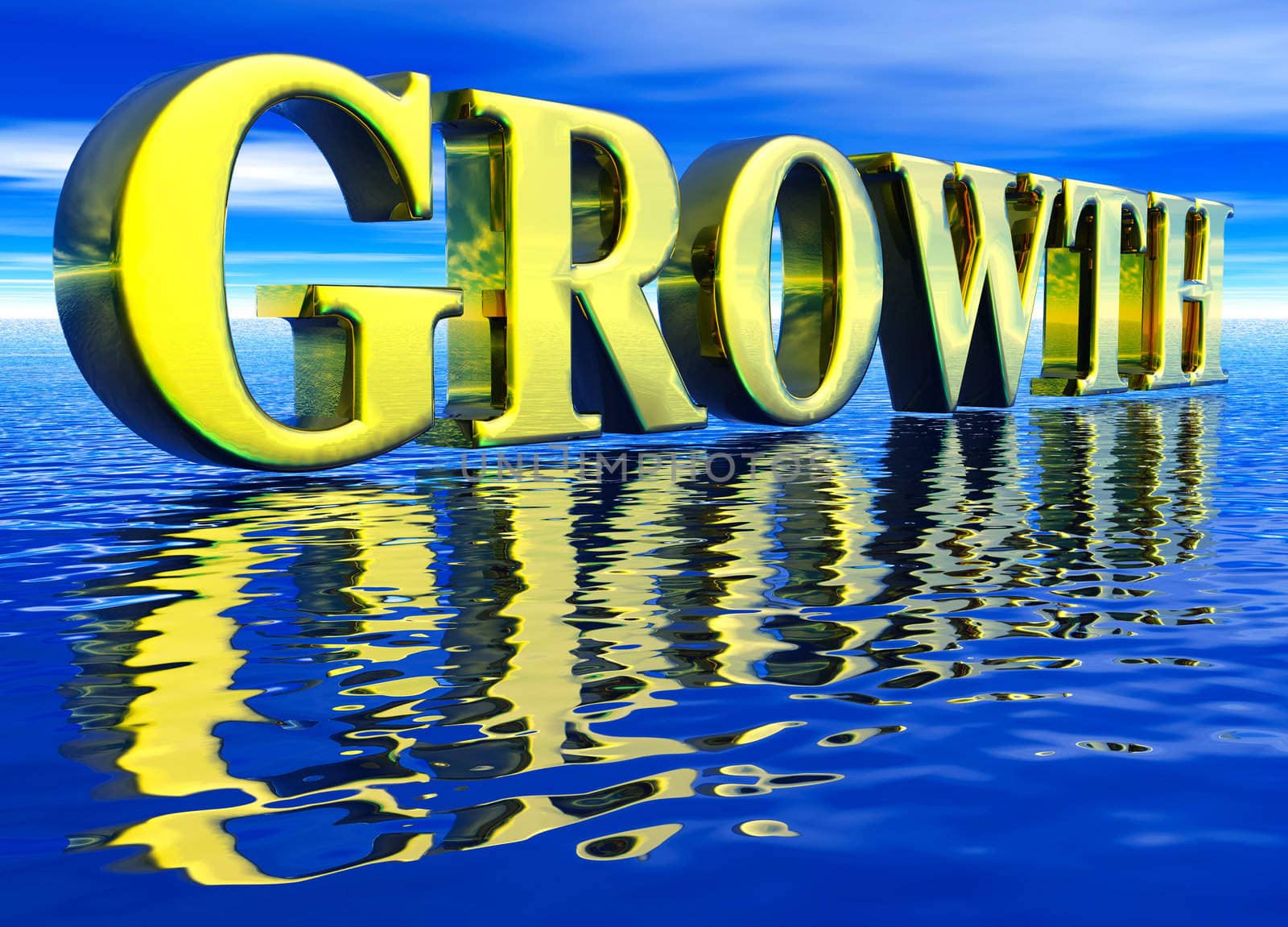 Gold Large Growth Text in 3d floating Big Over Water Ocean
