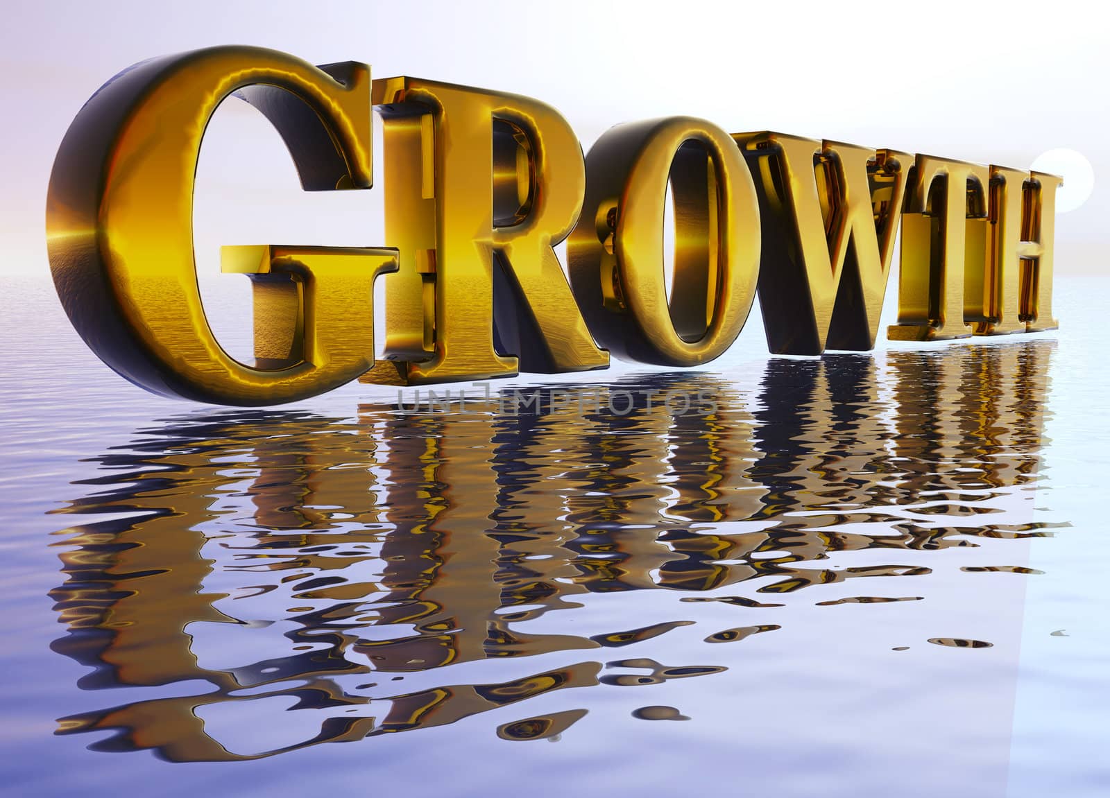 Gold Large Growth Text in 3d floating Big Over Water Ocean