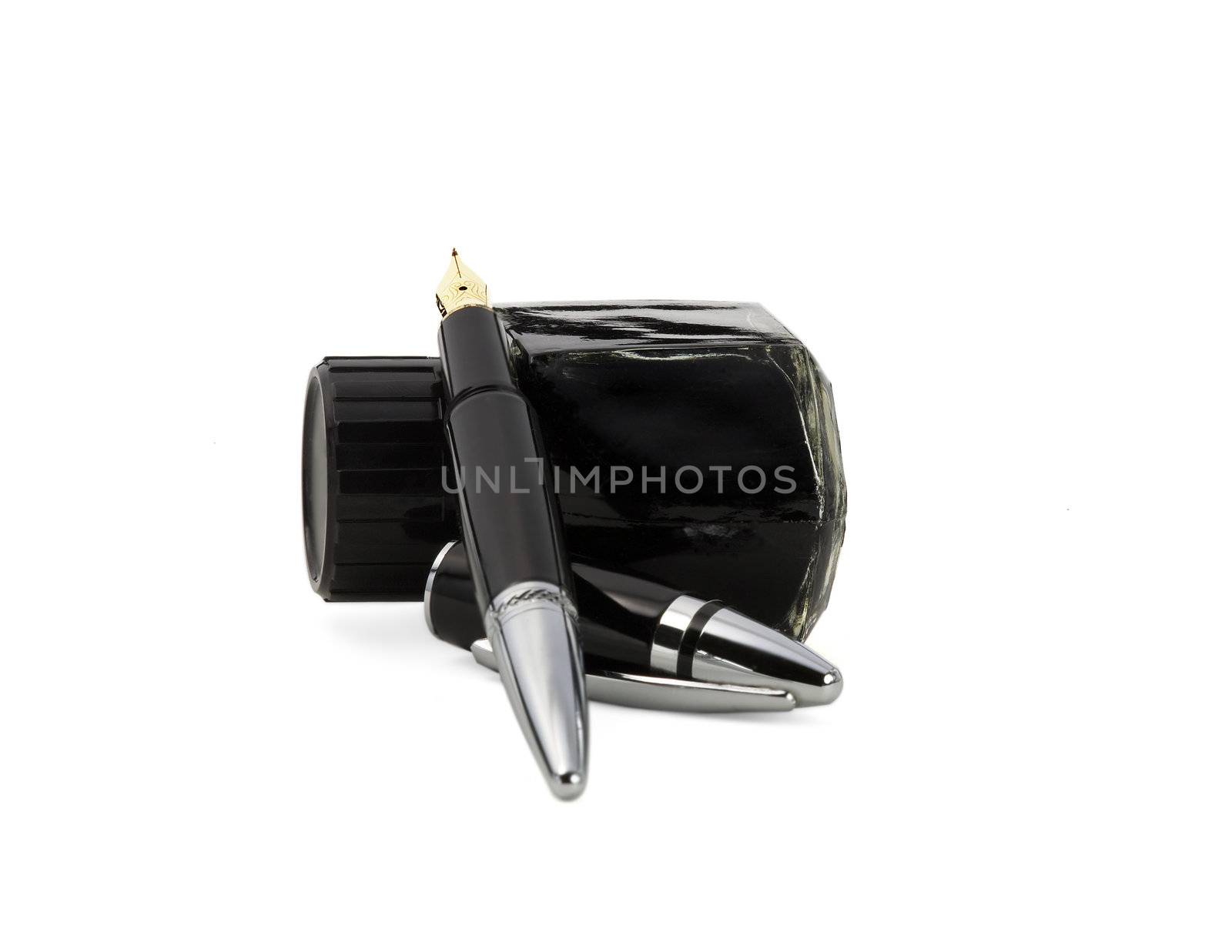 fountain pen and black ink bottle isolated on white background