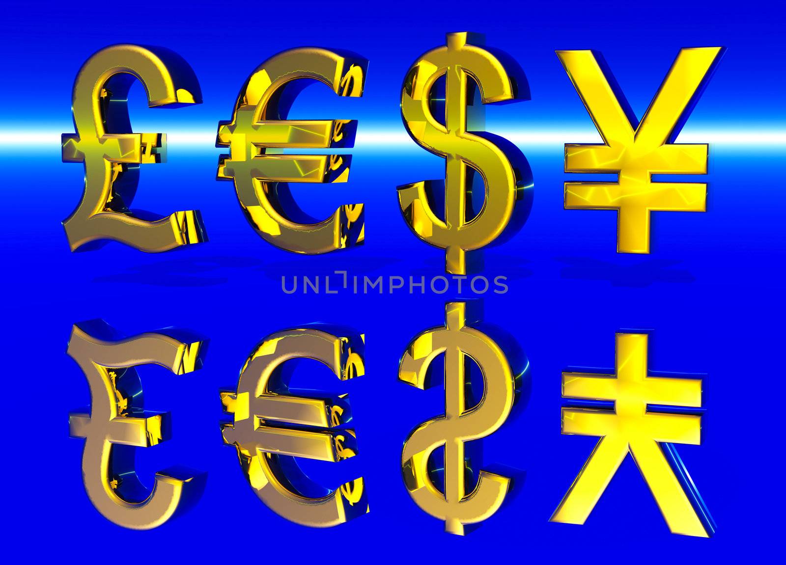 Euro Pound Dollar and Yen Symbols in Gold by bobbigmac