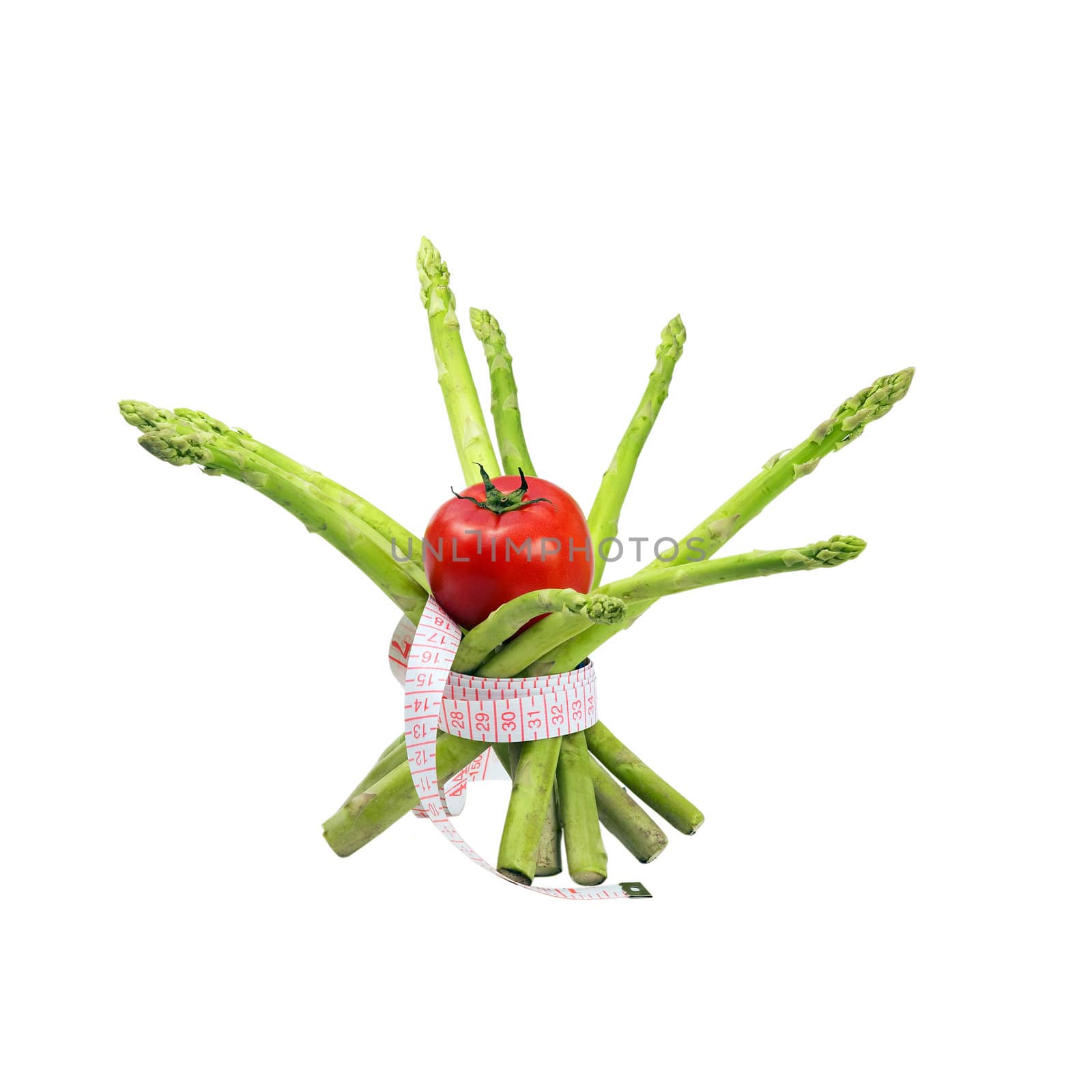 asparagus and tomato with a meter around ,isolated on white background