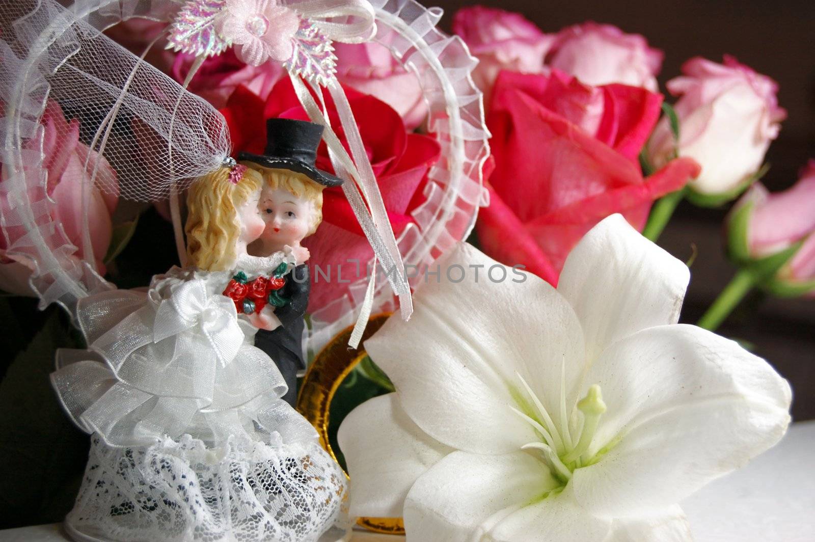 figurine of bride and groom kissing over roses background