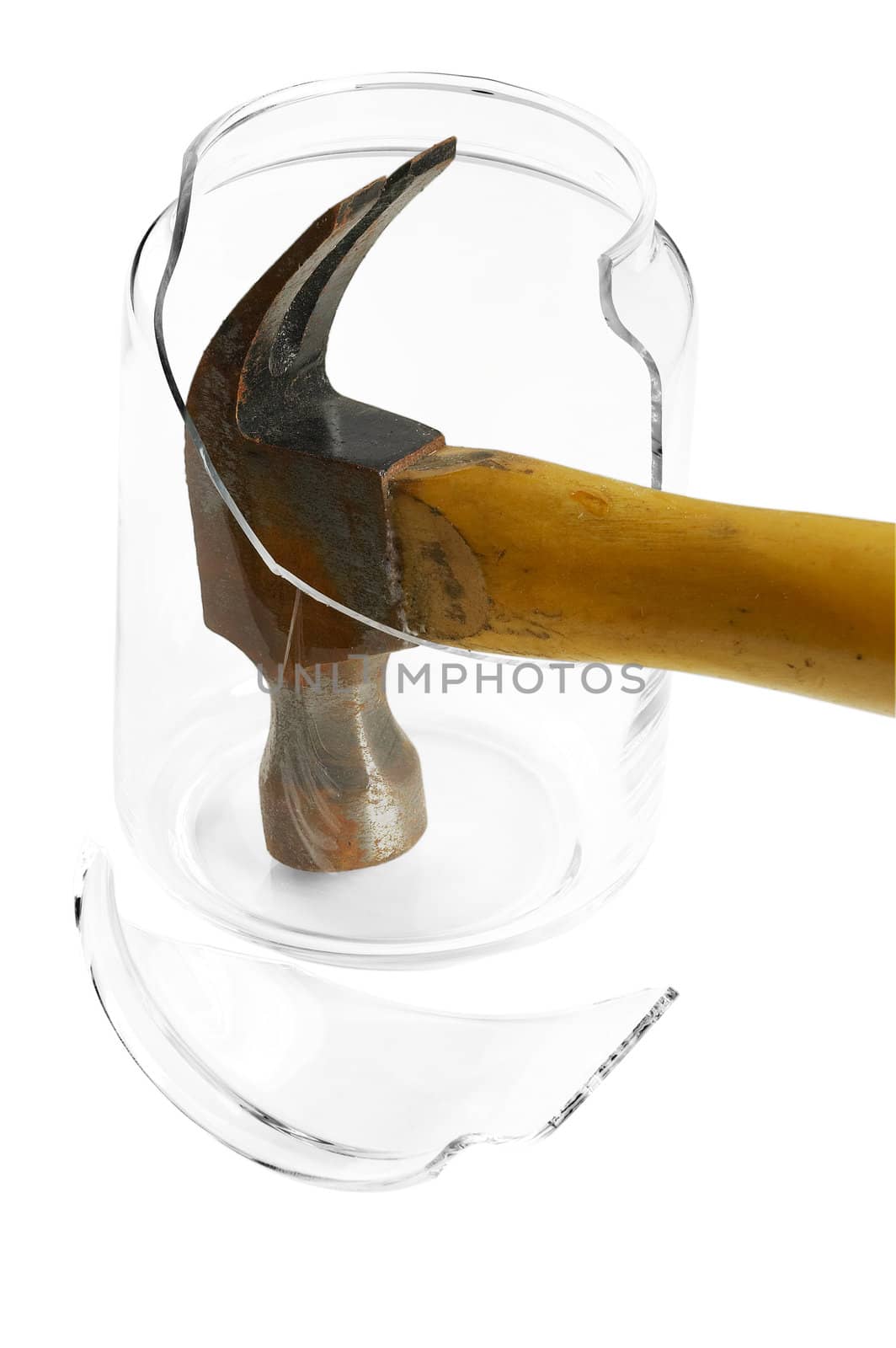 shattered glass jar with hammer isolated over white background