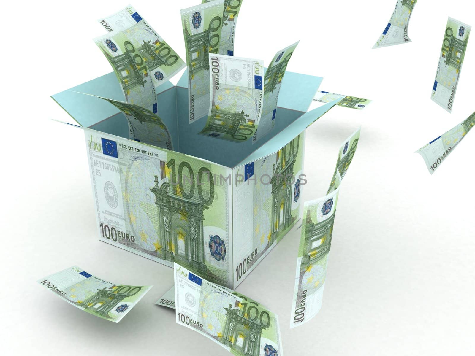 three dimensional gift box opened with 100 euro bills flying in the air on an isolated white background

