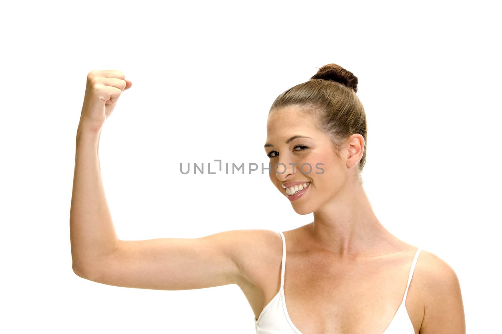 smiling female showing her muscles by imagerymajestic