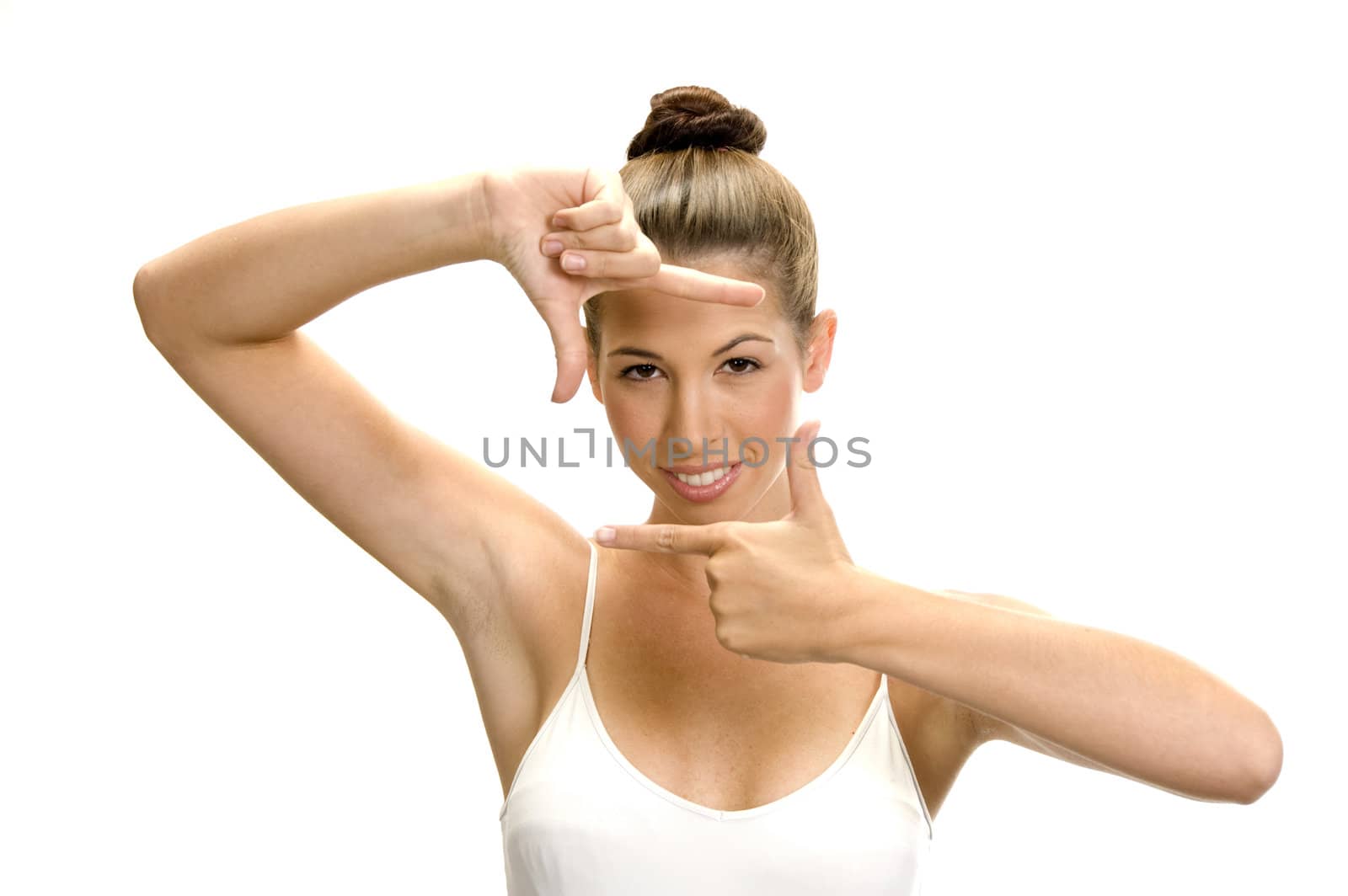 white woman showing framing hand gesture