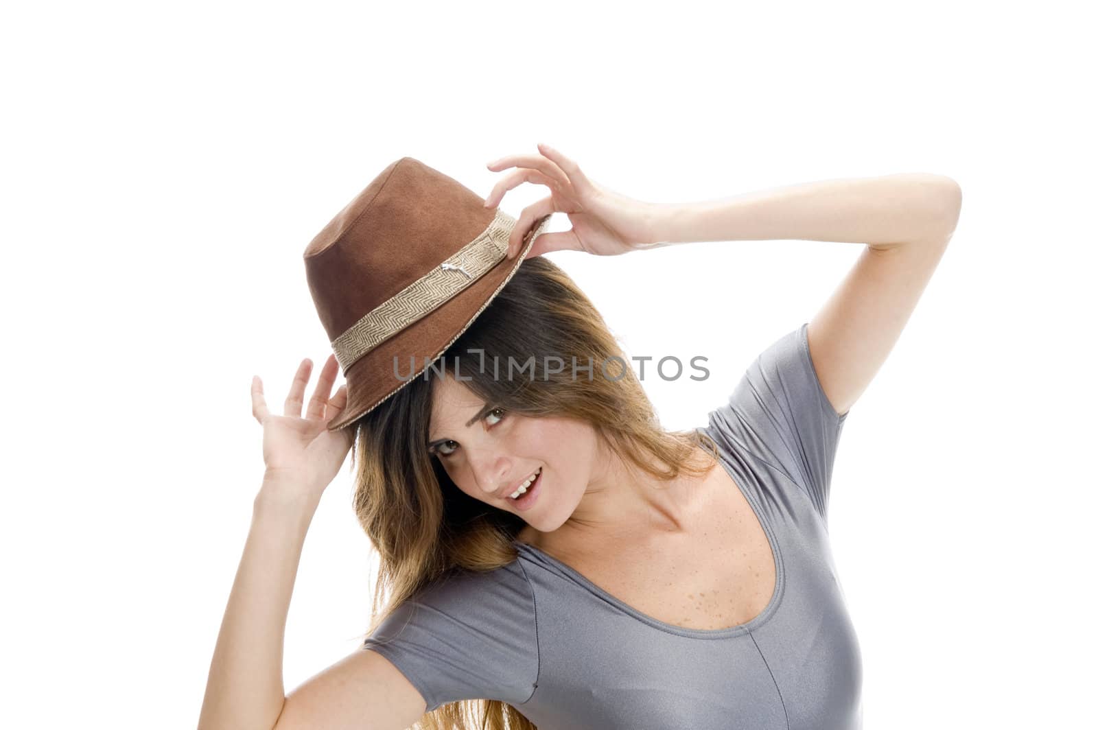 smart female wearing hat on an isolated background