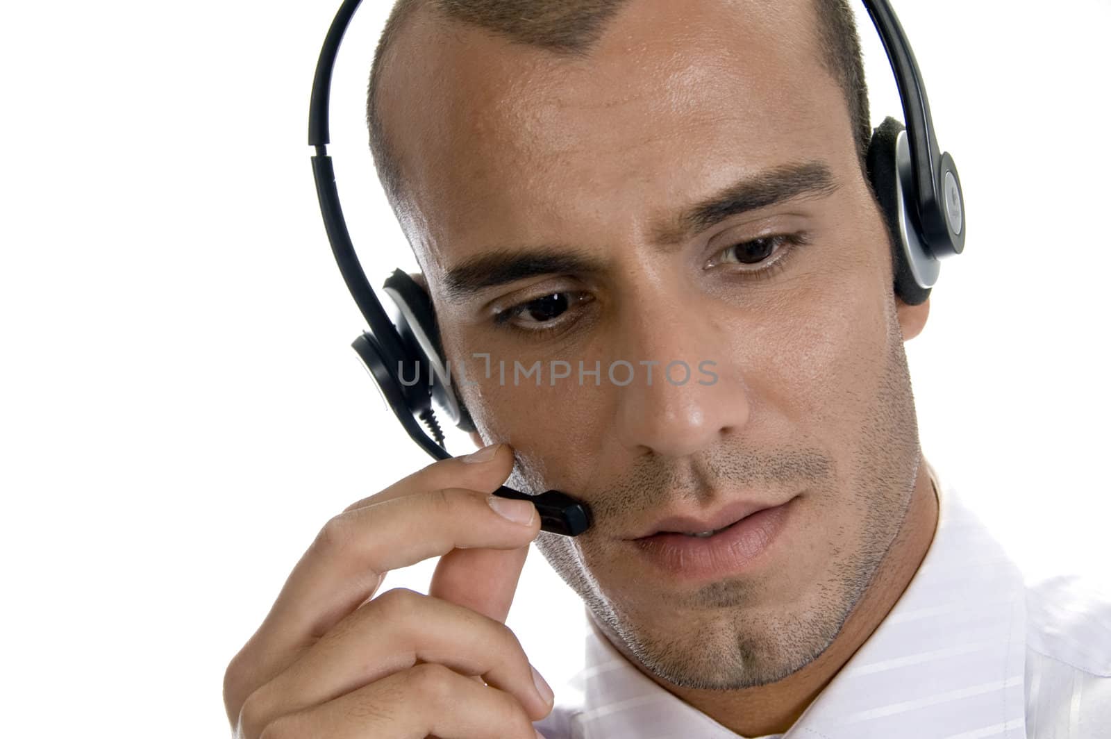 young businessman with headphone with white background