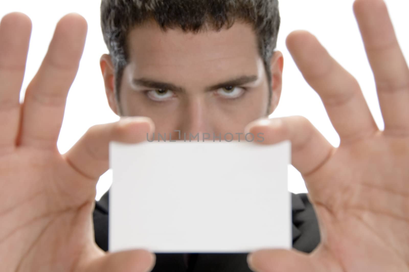 businessman showing his visiting card against white background