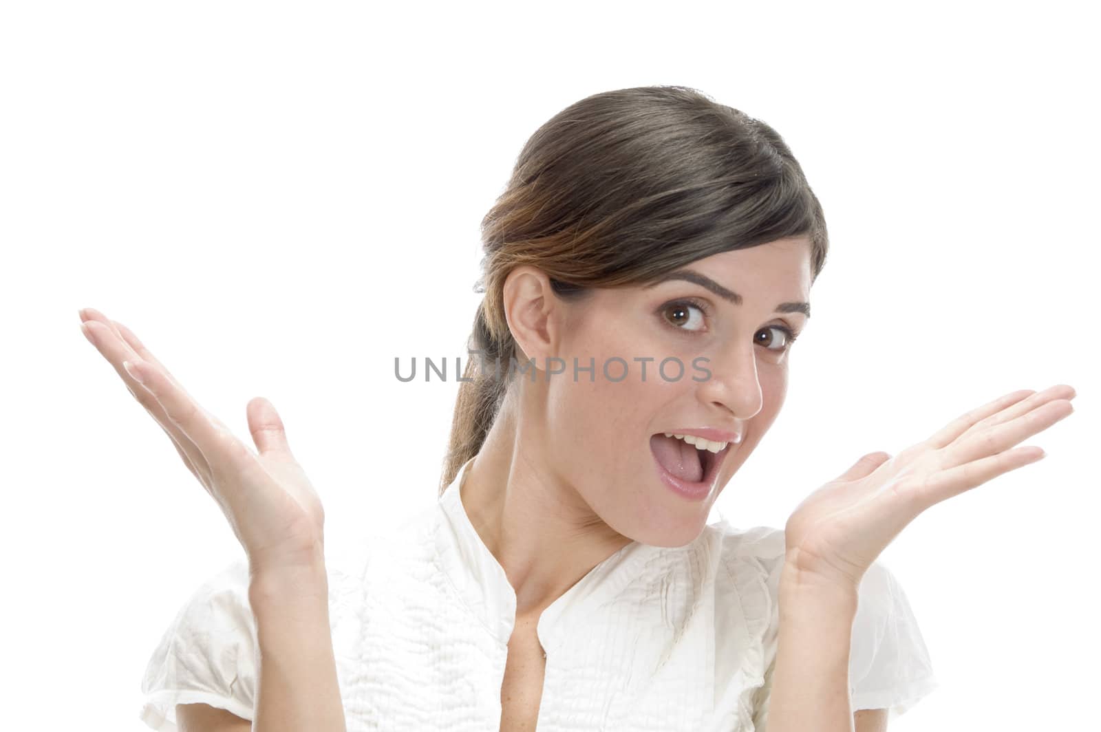 surprised smiling woman against white background