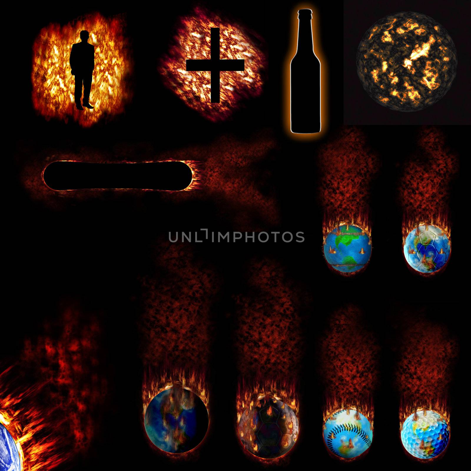 Fire symbols snowboard, plus, businessman, bottle, sun, football, volleyball, globe, golf, tennis, baseball