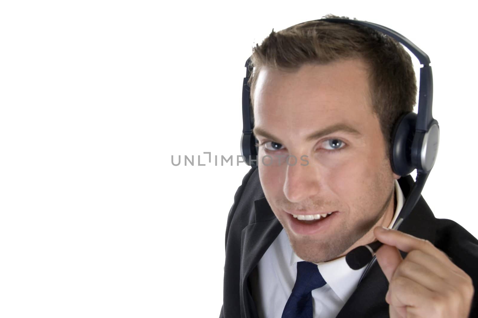 smiling businessman with headphone on an  isolated background