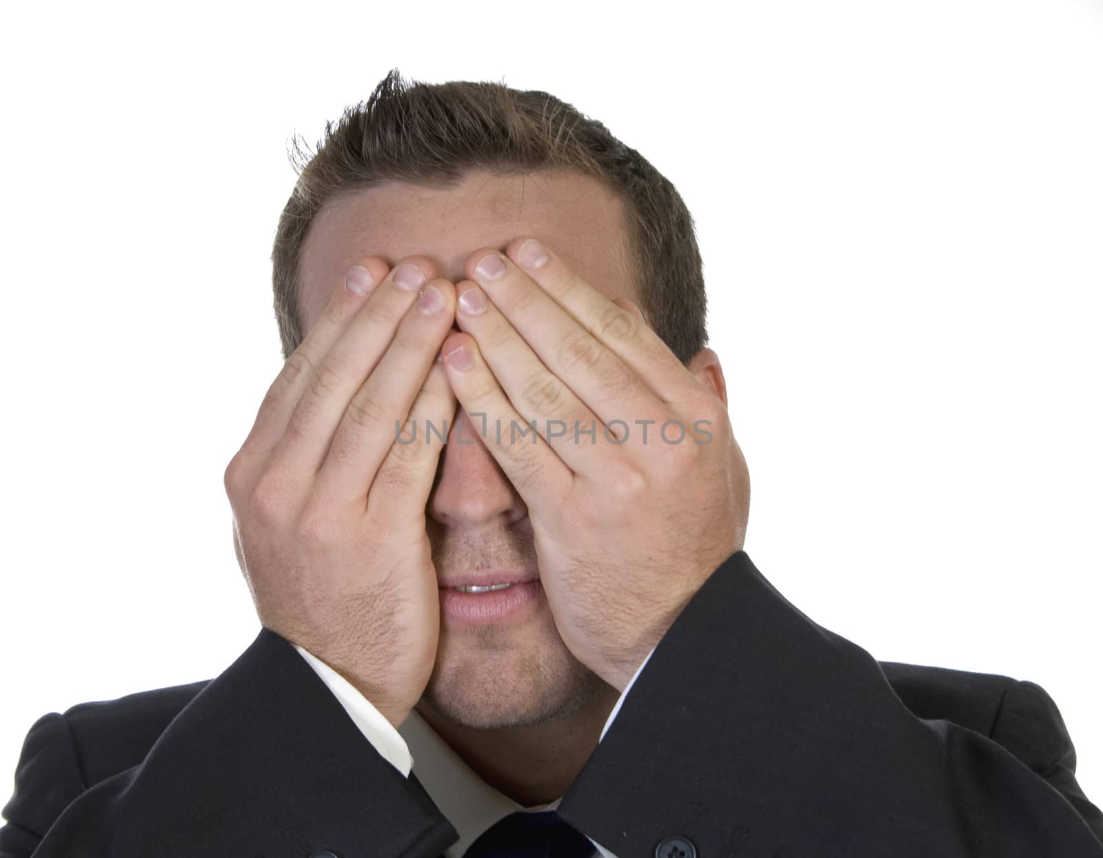 businessman hiding his face in shame with white background
