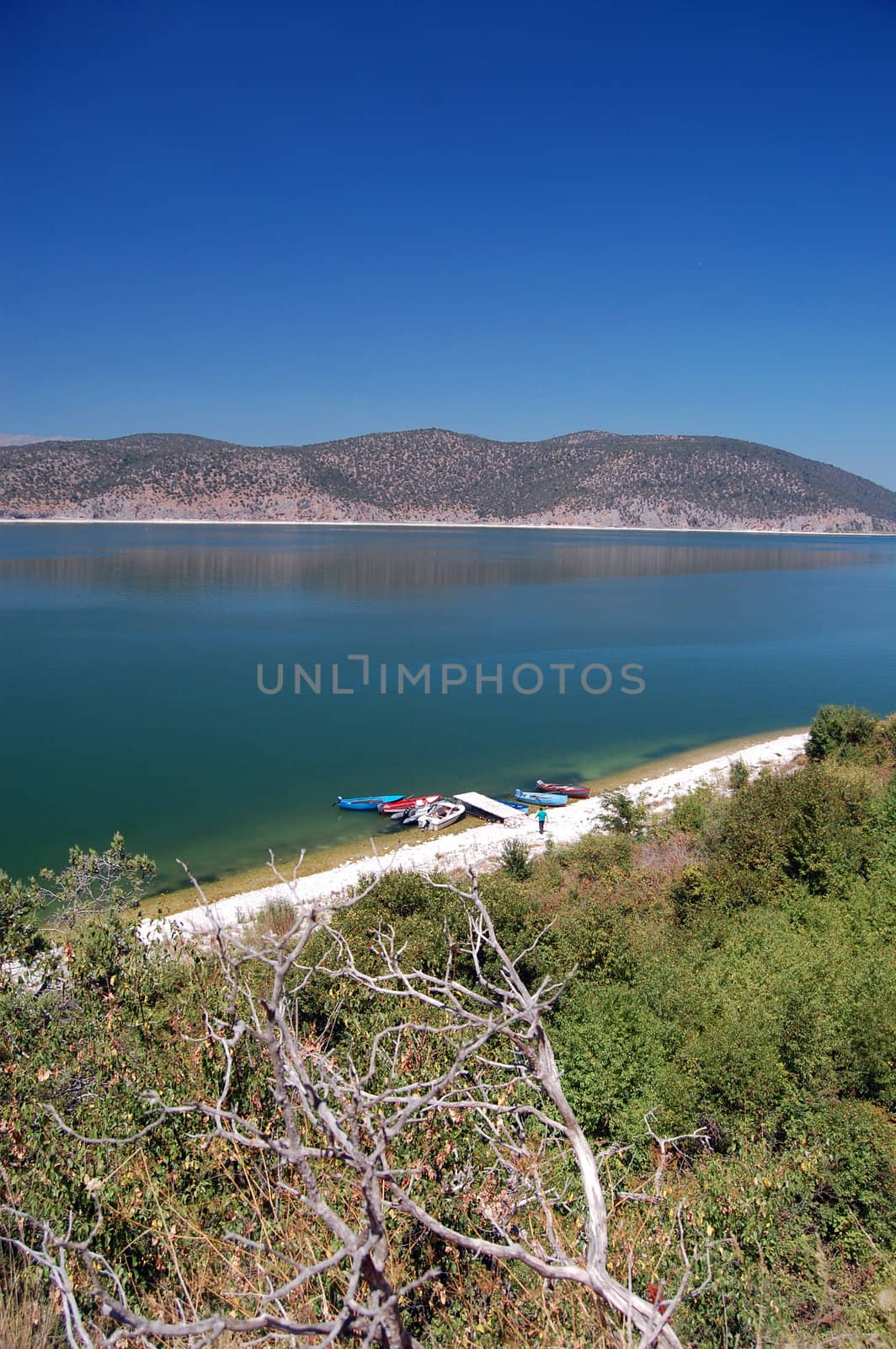 lake prespa in macedonia, greece and albania. wiew from islad golem grad