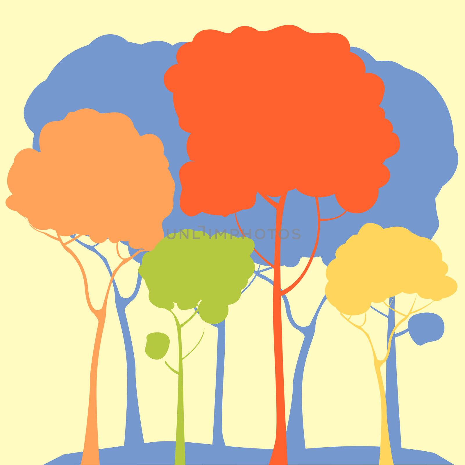 Pastel forest illustration, stylized trees background