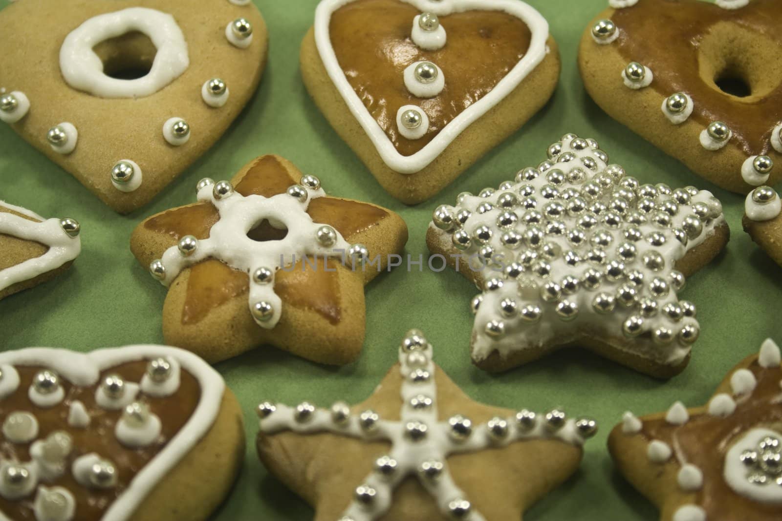 Close-up of a variety of decorated cookies focus on center row