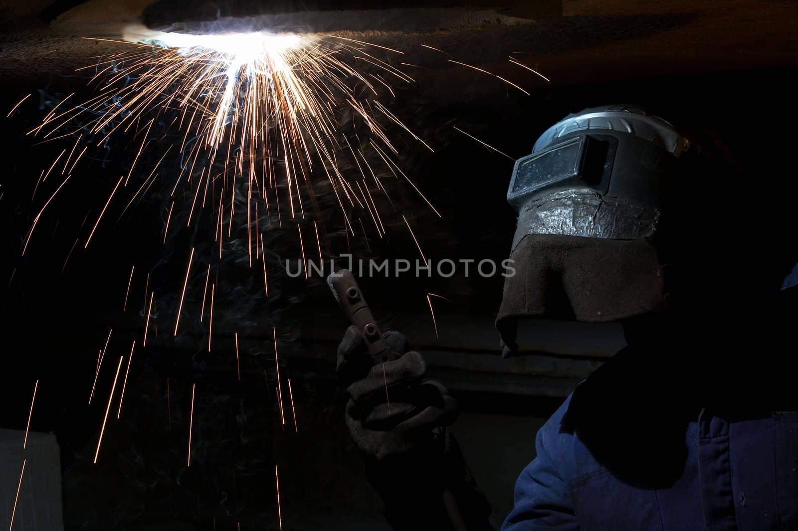 a welder working at shipyard at night