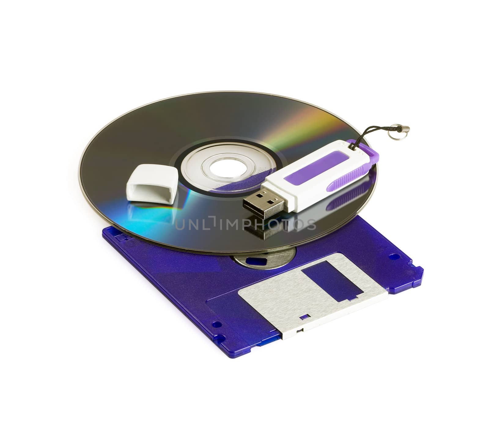 cd rom dvd,floppy disk ,and usb key isolated on white background