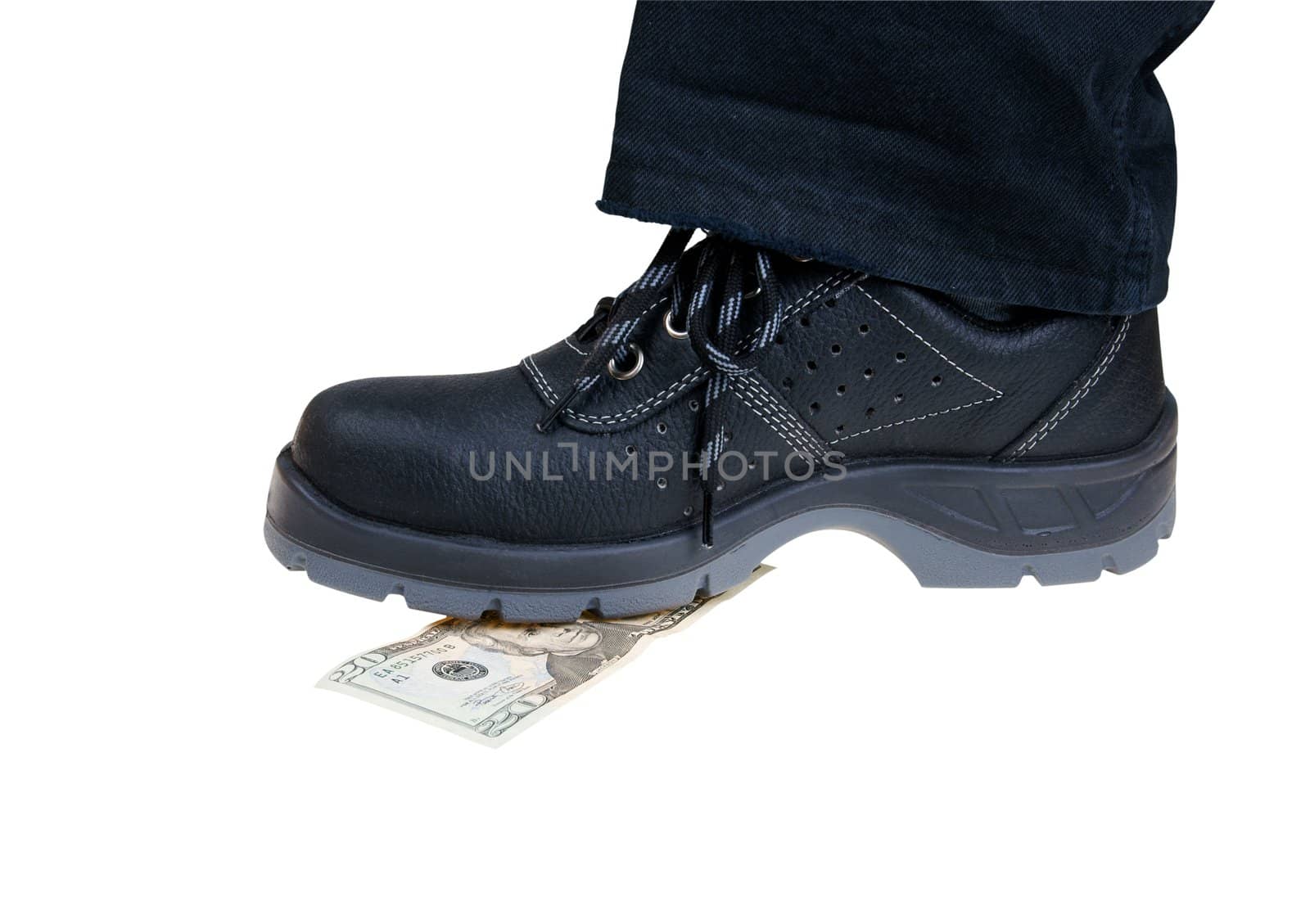 Money baknote crush under foot in black shoes
isolated on white