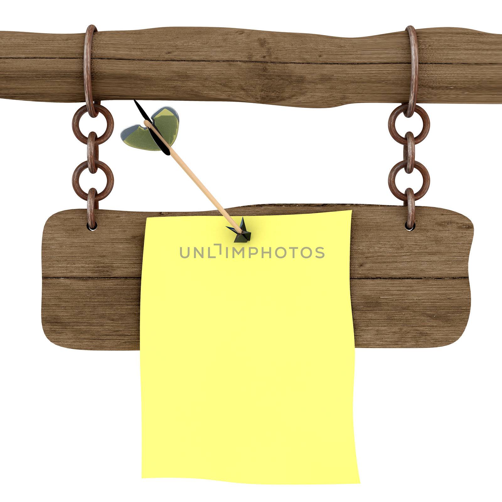 Memo attached to a board an arrow. 3D image.