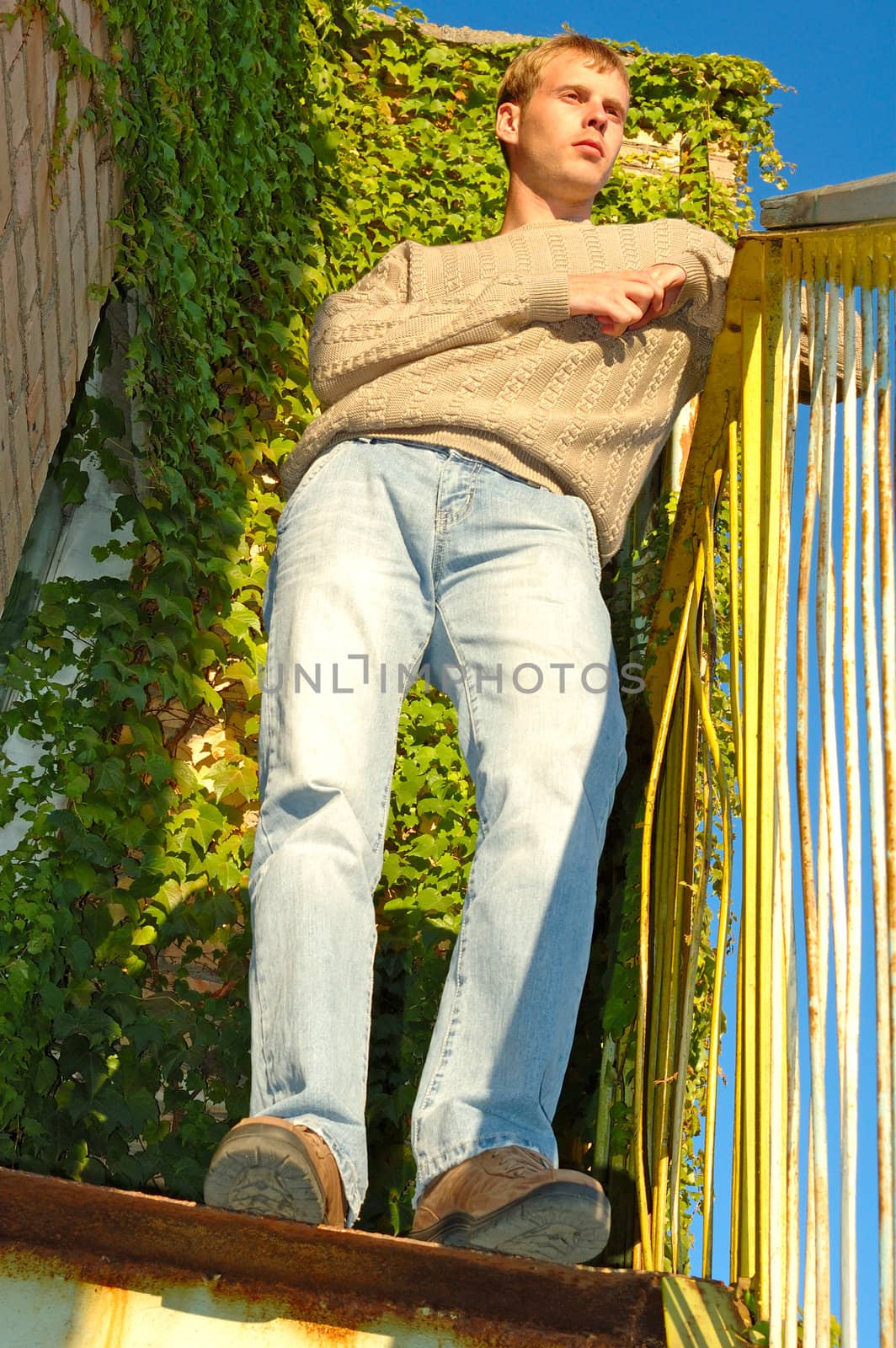 Young stylish blonde man stay on stairs near overgrown with vine wall.
