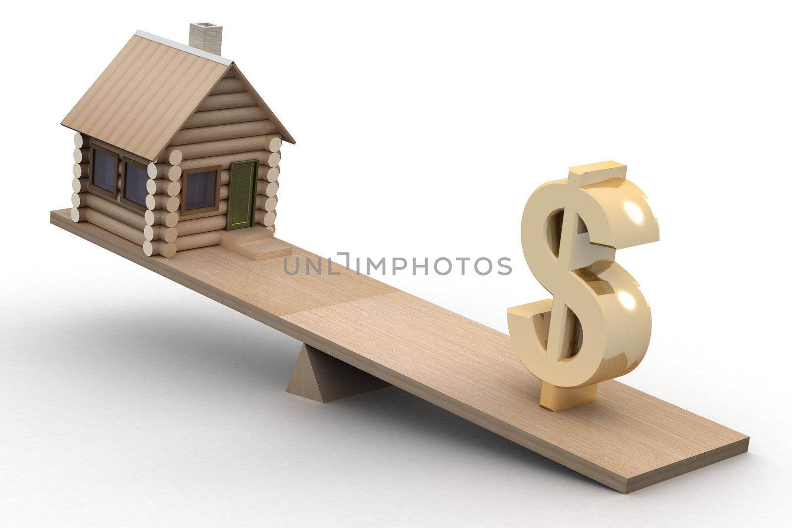 house and dollar on scales. 3D image.