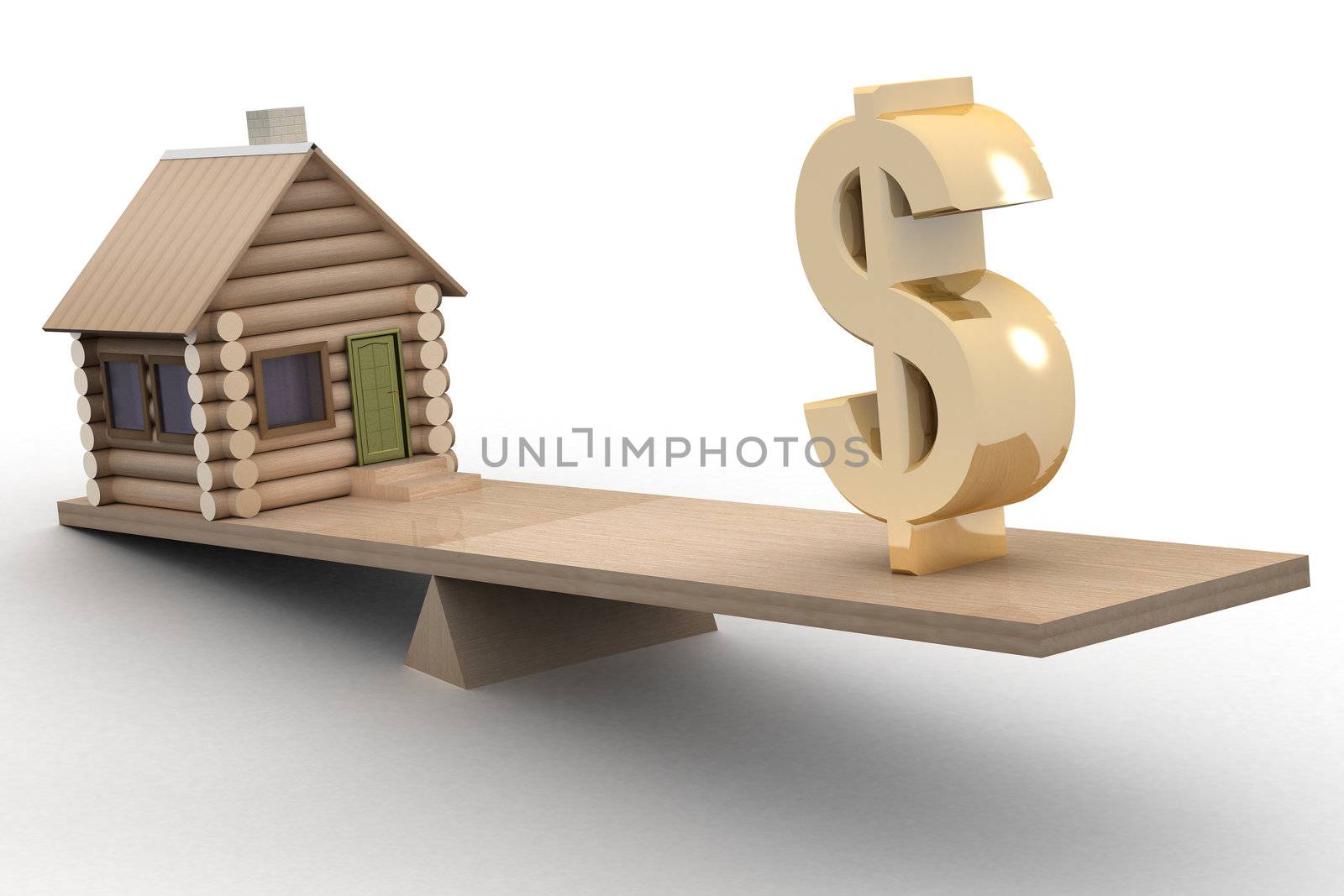 house and dollar on scales. 3D image.