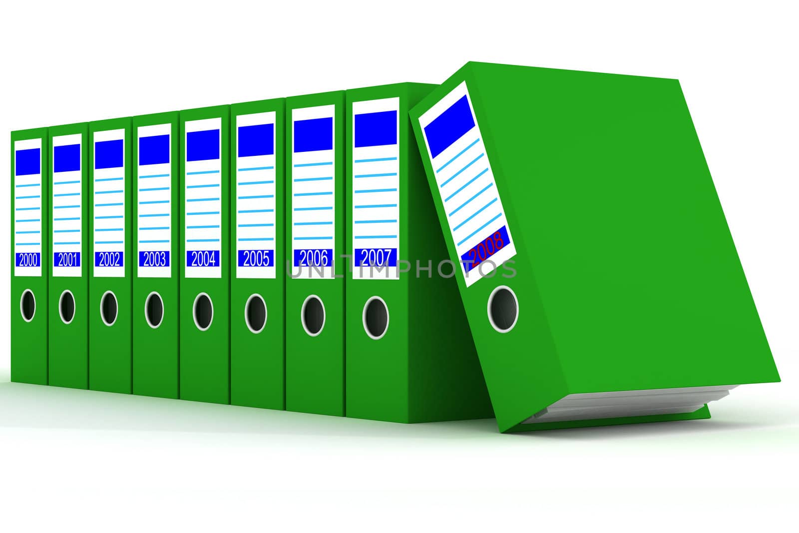 Row of green folders with documents on a white background
